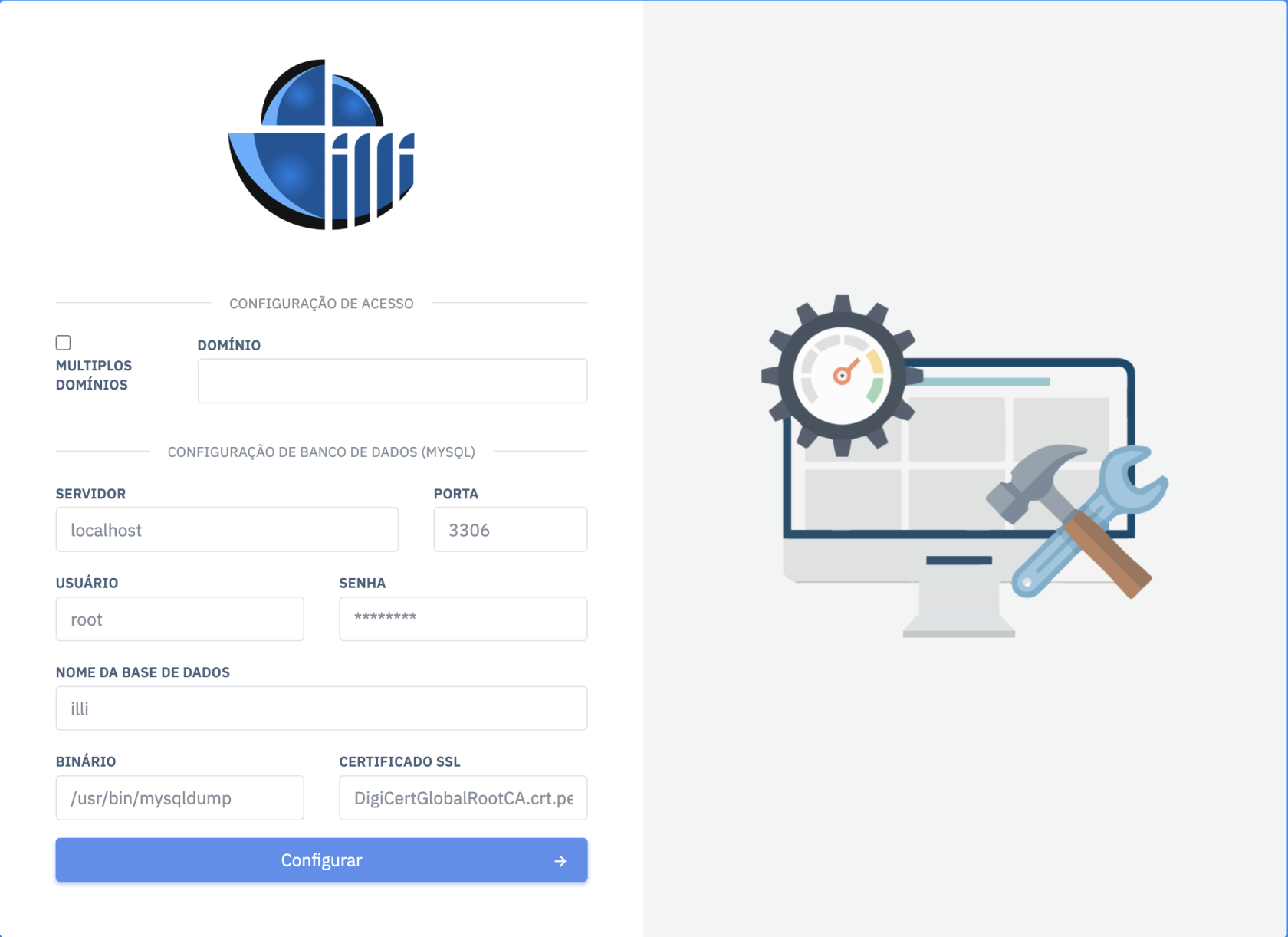 Tela de configuração inicial da interface