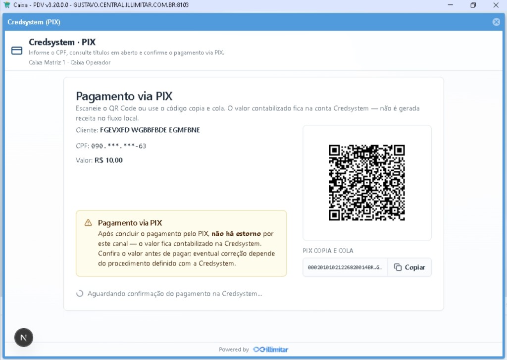 Tela com QR Code e código PIX copia e cola