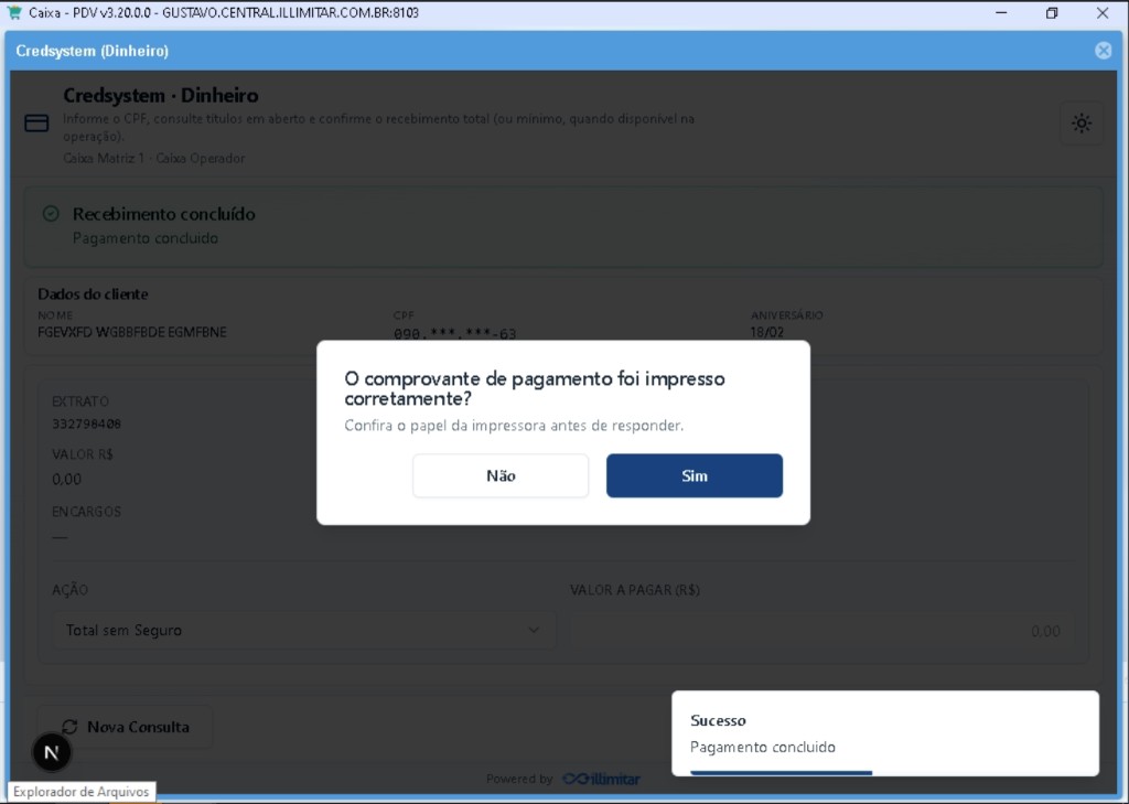 Pergunta sobre a impressão do comprovante após o pagamento