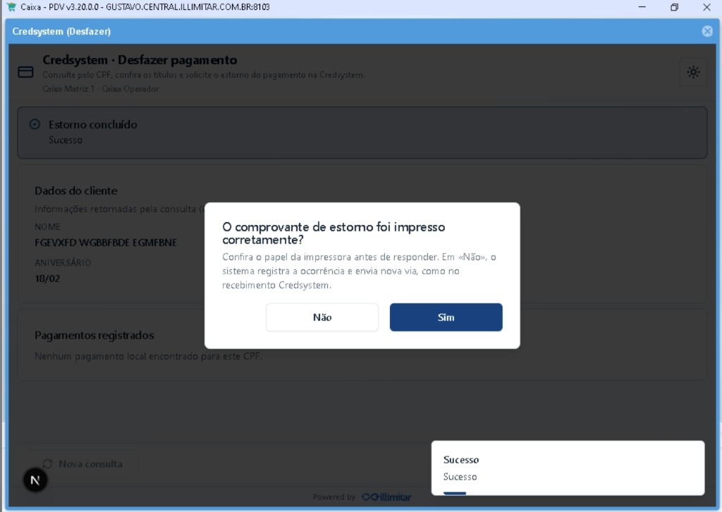 Confirmação da impressão do comprovante de estorno