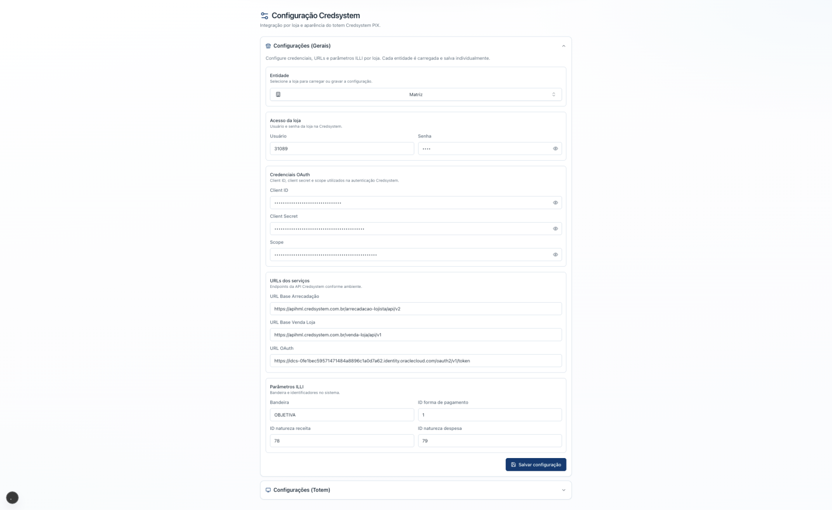 Configurações Gerais — credenciais OAuth e URLs
