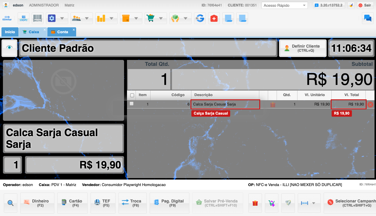 PDV: Calça Sarja Casual, 1 unidade, total R$ 19,90