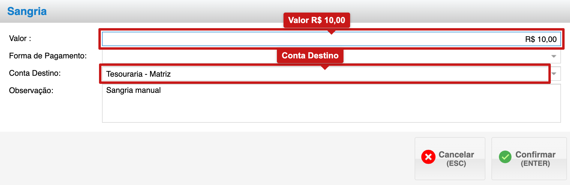 Janela Sangria F3 com Valor R$ 10,00 e Conta Destino Tesouraria