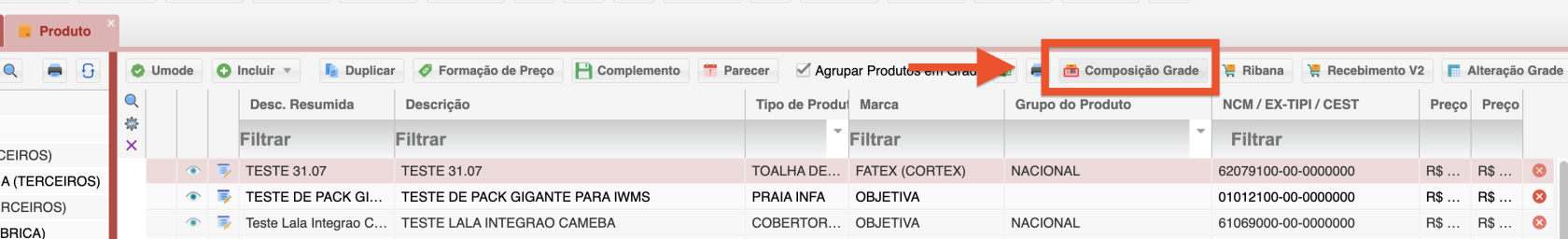 Botao Composicao de Grade habilitado apos selecionar produto