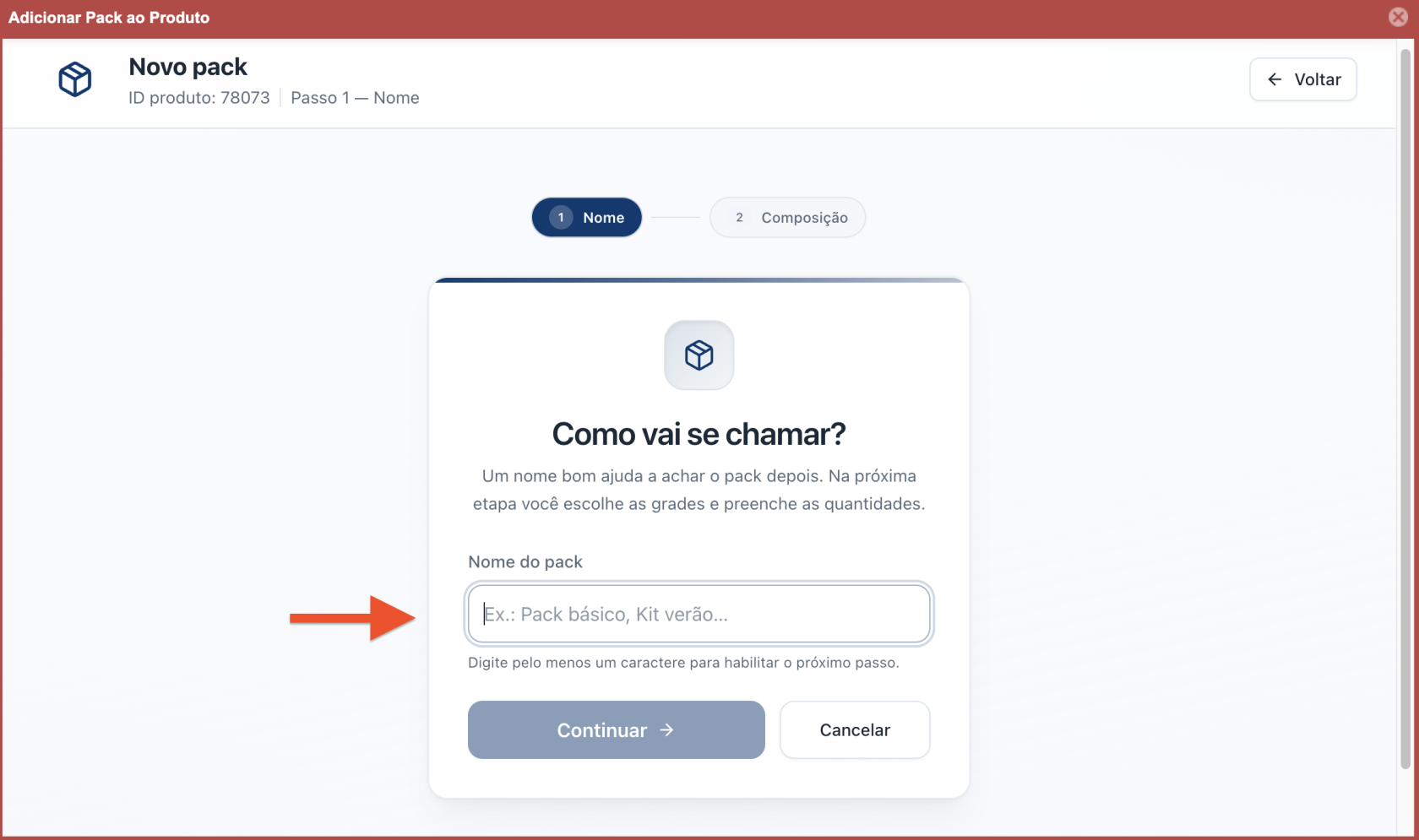 Tela para criar novo pack do produto