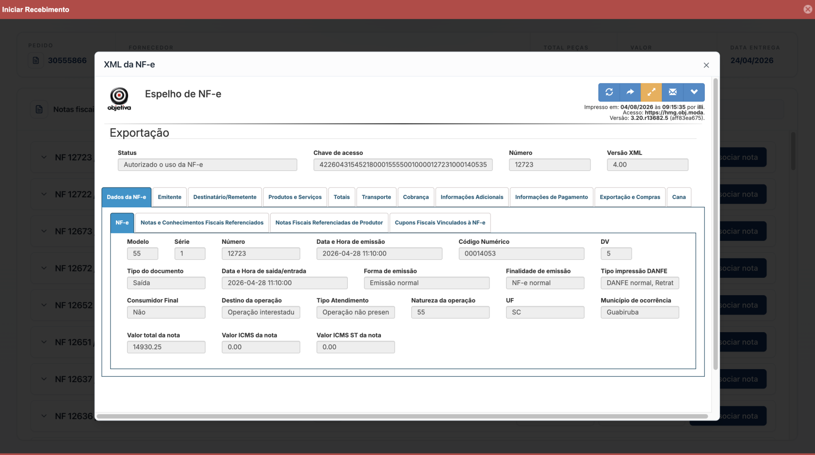 Modal de visualizacao do XML