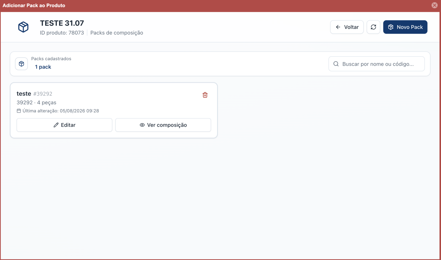 Pack criado com opcoes de atualizar editar e ver composicao