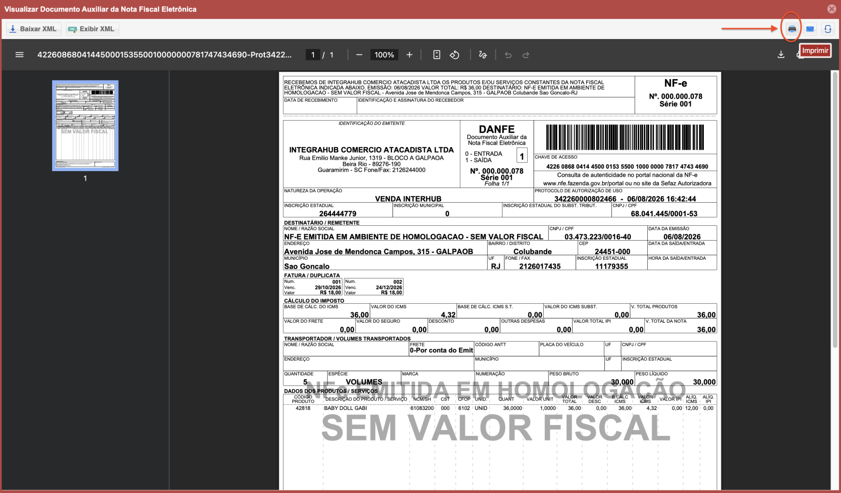 Pre-visualizacao do DANFE e botao Imprimir