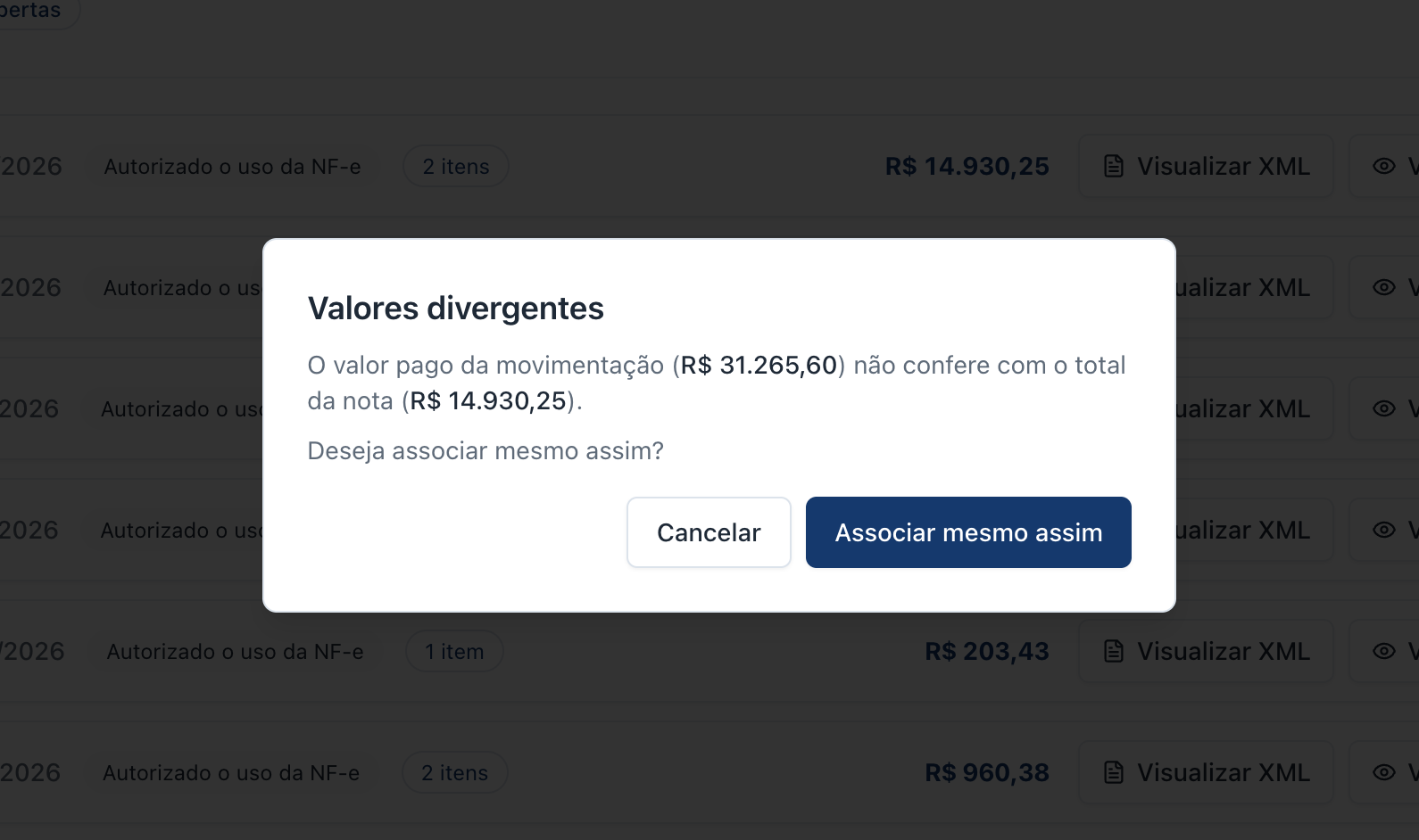Confirmacao de valores divergentes