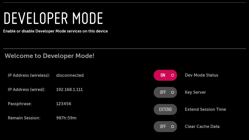 Dev Mode Status e Key Server ligados