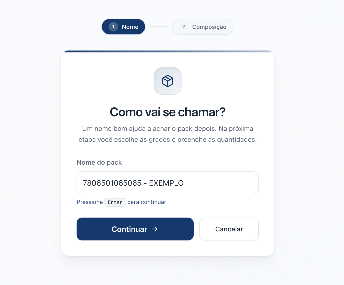 Campo para informar o nome do pack