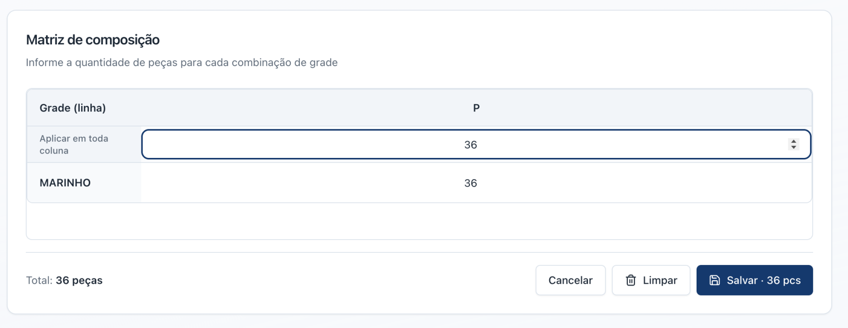 Digitar quantidade na matriz de composicao