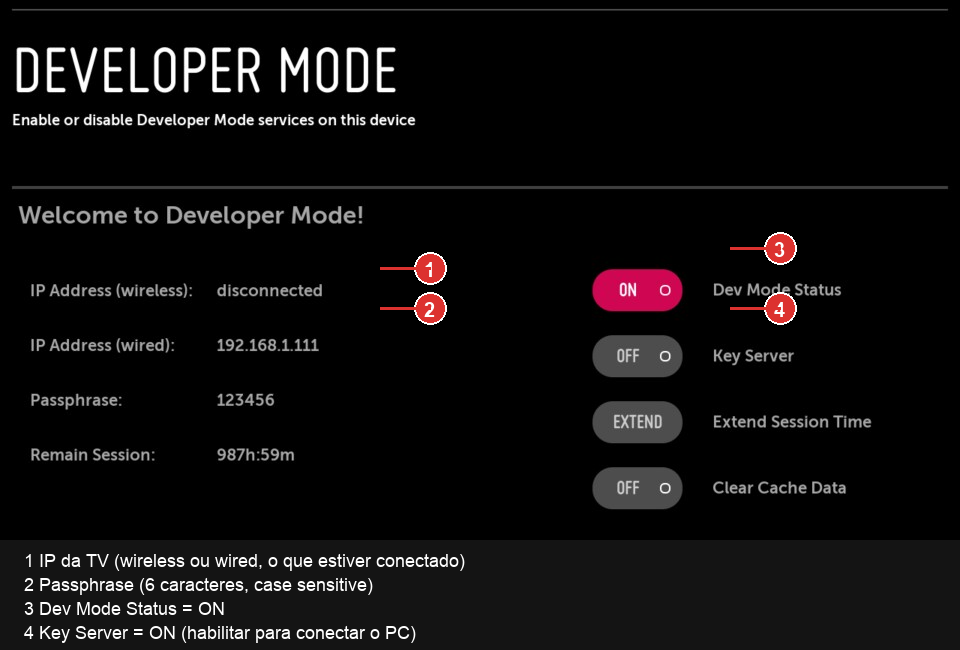 Close-up Dev Mode Status e Key Server