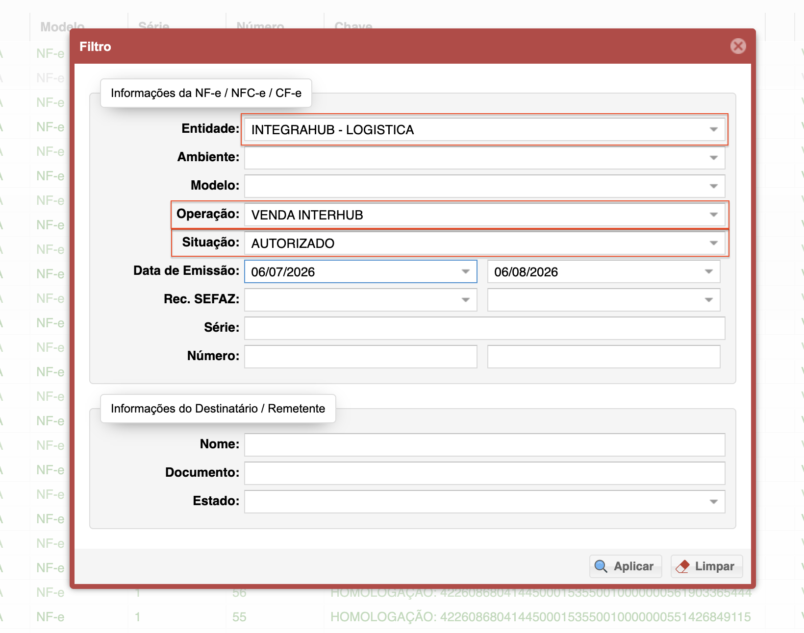 Filtro por entidade na NF-e