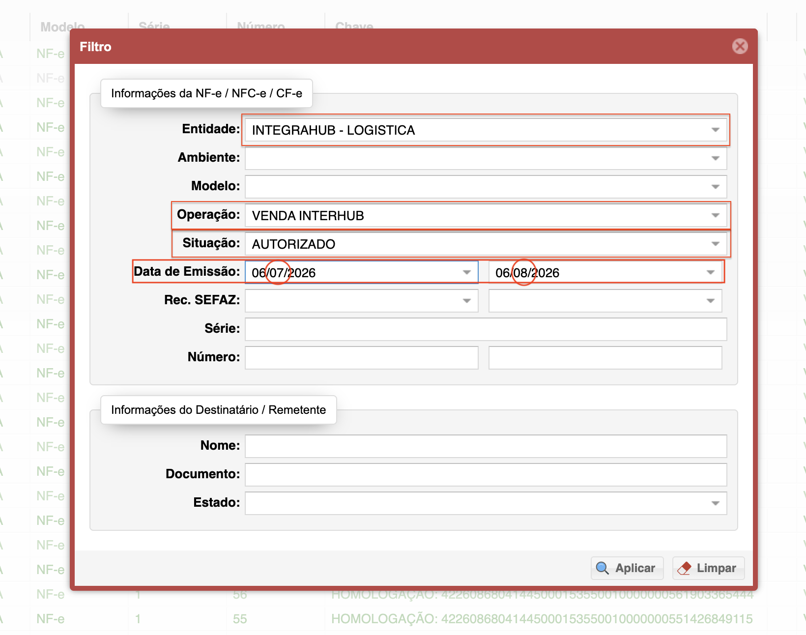 Filtro por entidade na NF-e