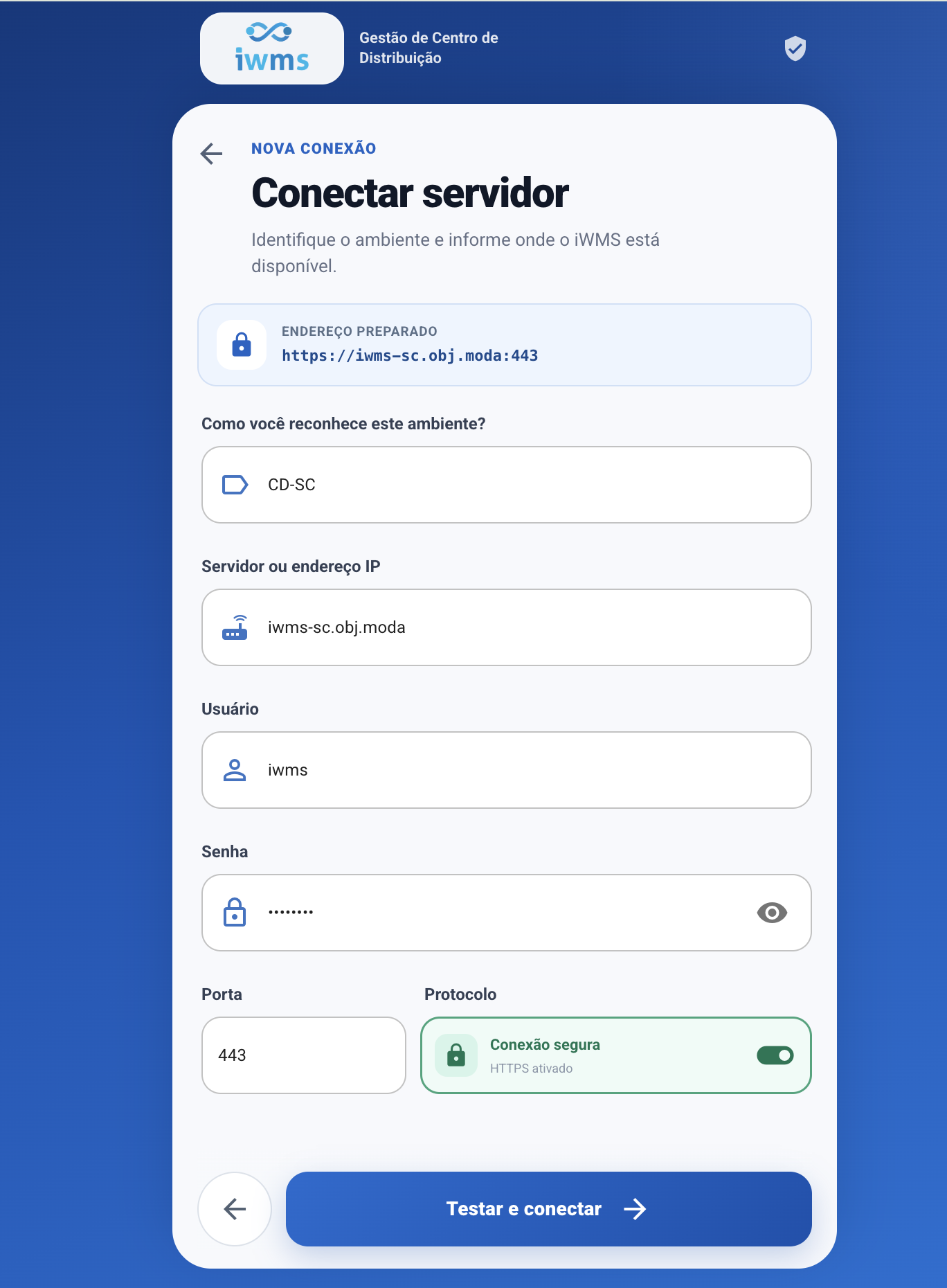 Tela com os dados de configuracao