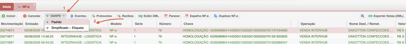 Botao DANFE com opcao Padrao